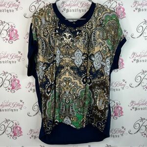 Culture tshirt tee Elegant Paisley Print Short Sleeve Top - Navy and Green